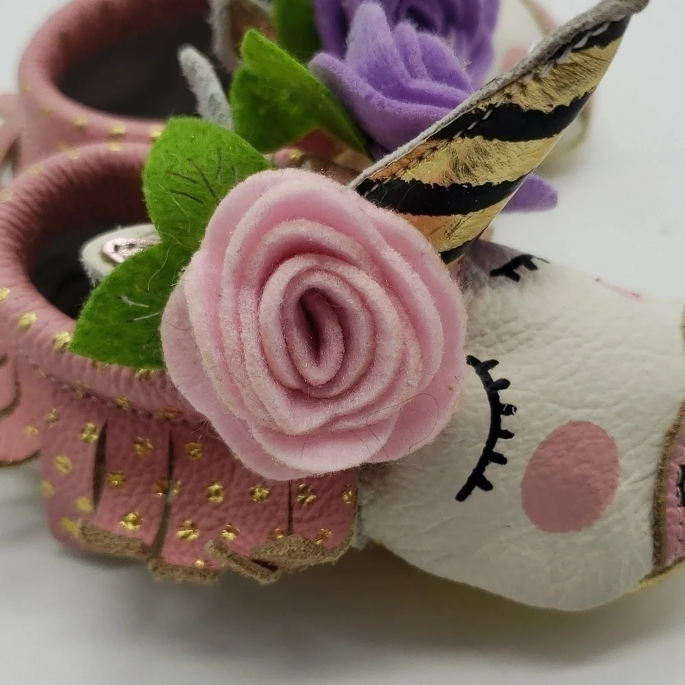 UNICORN baby slippers leather upper leather lining white pink felt flower fringe